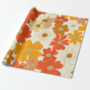 Retro Orange Botanical Bold 70s Vintage Floral Wrapping Paper