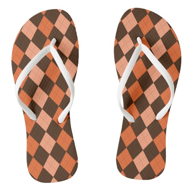 Retro Orange & Brown Autumn Argyle Flip Flops (Footbed)