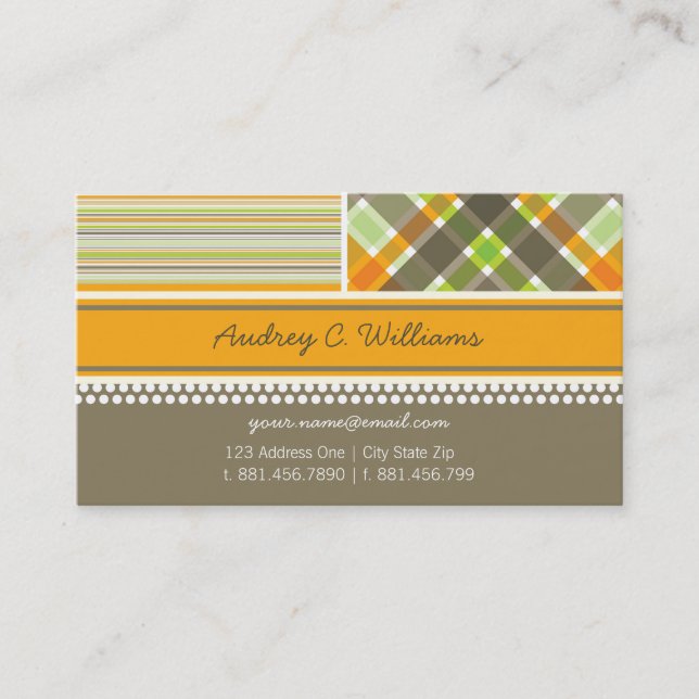 Retro Orange Brown Checks Stripes Combo Pattern Business Card (Front)