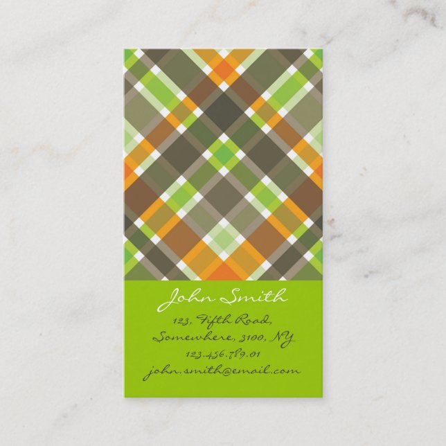 Retro Orange Brown Green Plaid Checks Pattern Fun Business Card (Front)