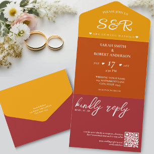 Retro Orange Burgundy QR Code Wedding All In One Invitation