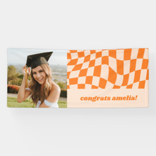 Retro Orange Chequerboard Graduation Photo Congrat Banner