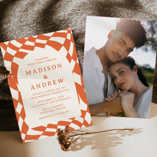 Retro Orange Chequerboard Photo Wedding Invitation