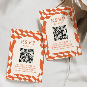 Retro Orange Chequerboard QR Code Wedding RSVP Card