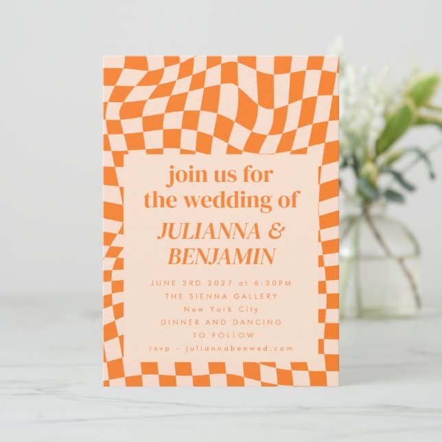 Retro Orange Chequerboard Wedding All In One  Invitation (Standing Front)