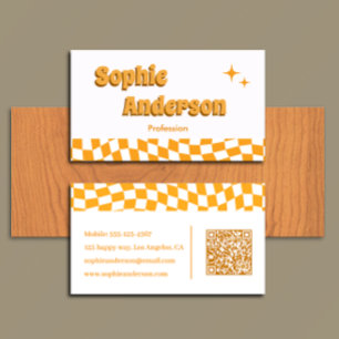 Retro Orange Chequerboard with QR Code Business Card