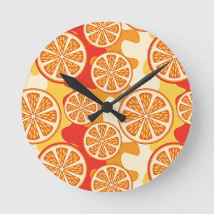 Retro Orange Citrus Pattern Round Clock