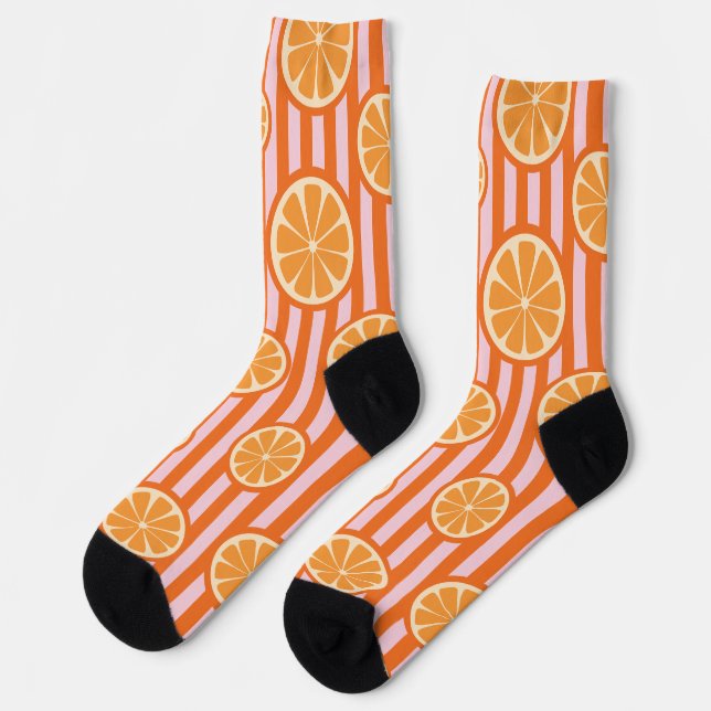 Retro Orange Citrus Slices Seamless Pattern Socks (Left)