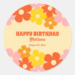 Retro Orange Colourful Boho Flower Happy Birthday Classic Round Sticker