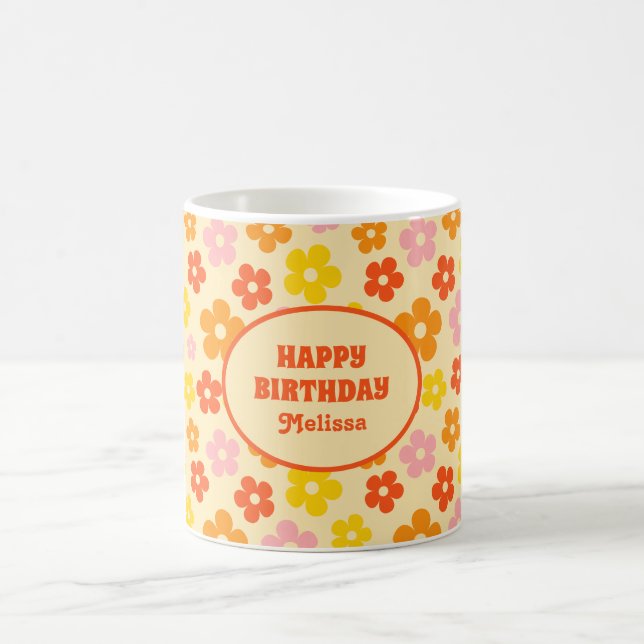 Retro Orange Colourful Boho Flower Happy Birthday  Coffee Mug (Center)