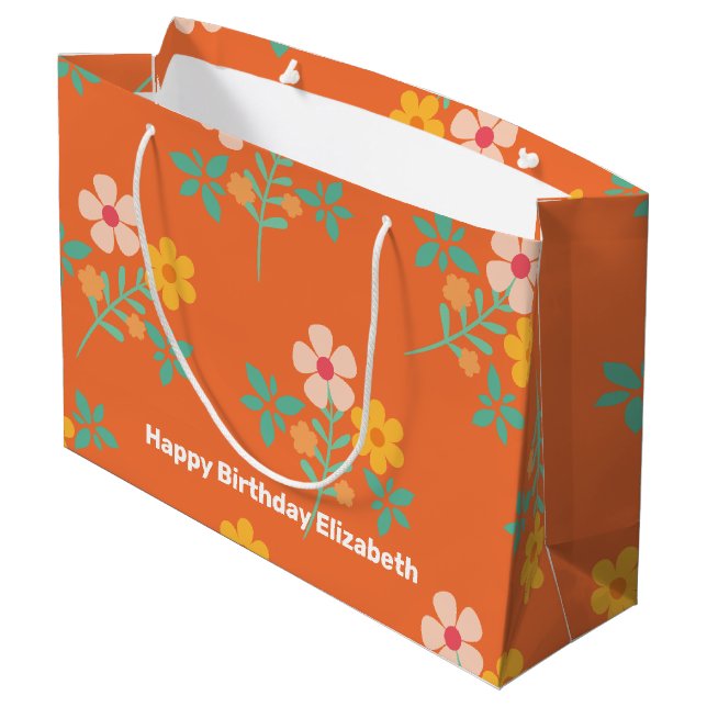 Retro Orange Daisy Bouquet Pattern Customised Large Gift Bag (Back Angled)