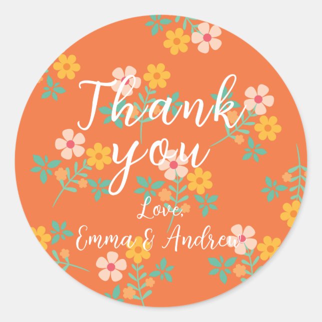 Retro Orange Daisy Bouquet Pattern Thank You Classic Round Sticker (Front)