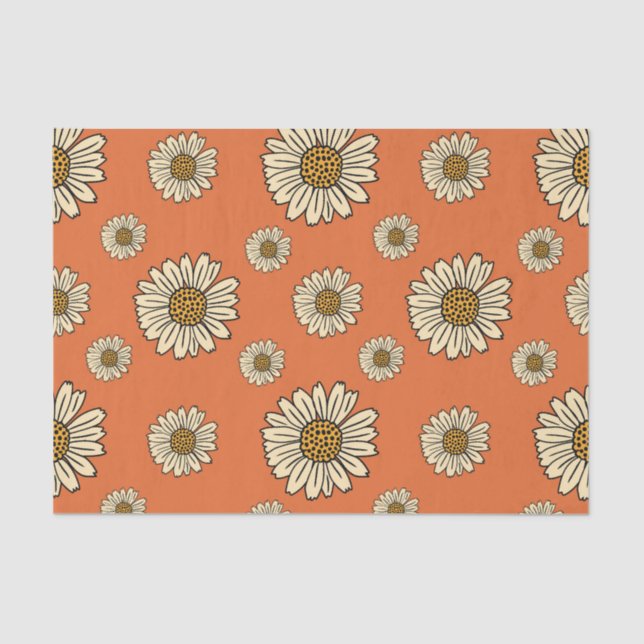 Retro Orange Daisy Floral Pattern Crafting Tissue Paper (Front)