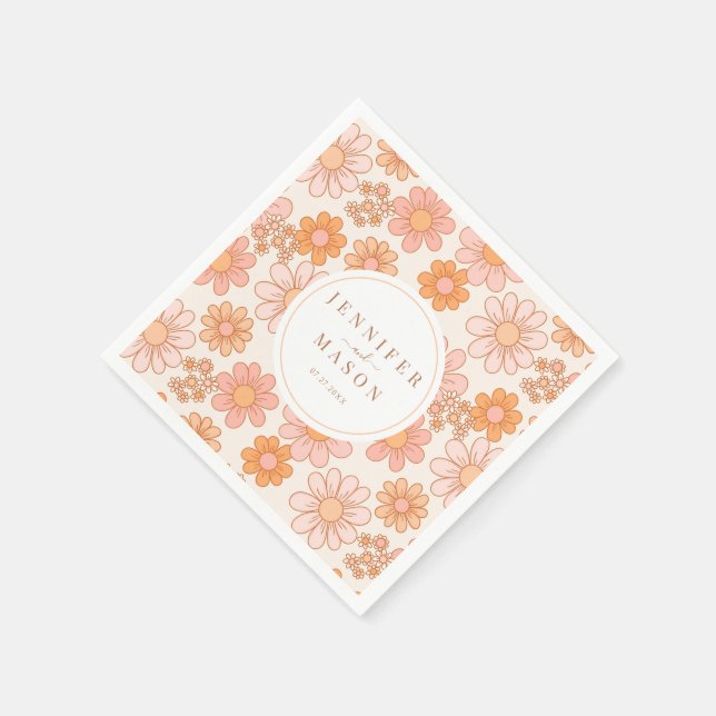 Retro Orange Daisy Floral Wedding Paper Napkins (Corner)