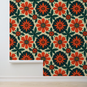 Retro Orange Daisy Pattern - Vintage Botanical Wallpaper