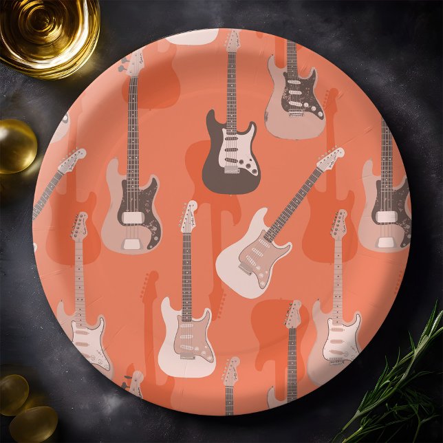 Retro Orange Electric Rock Guitar & Bass Pattern Paper Plate (Rock guitar pattern paper plate in retro orange)