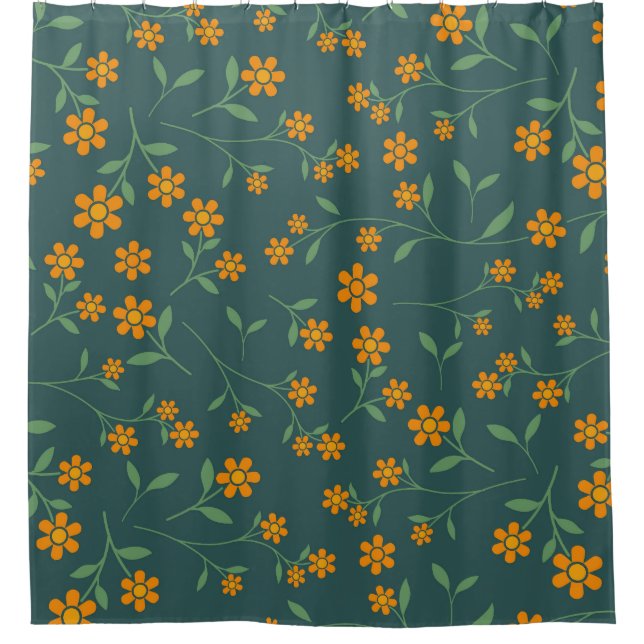 Retro Orange Floral Dark Teal Pattern Shower Curtain (Front)