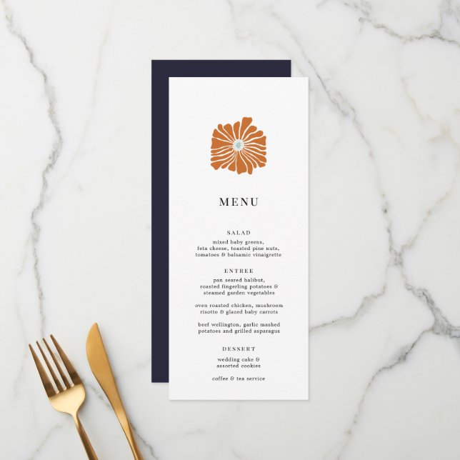 Retro Orange Floral Logo Wedding Menu (Front/Back In Situ)