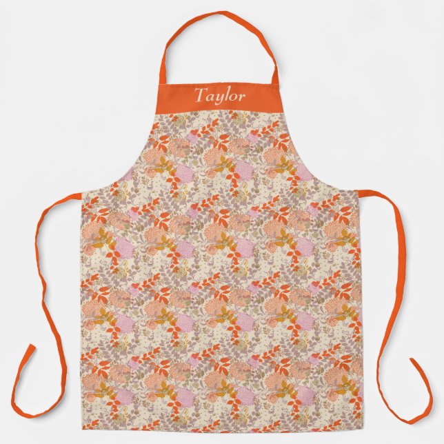 Retro Orange Floral Personalised Apron (Front)
