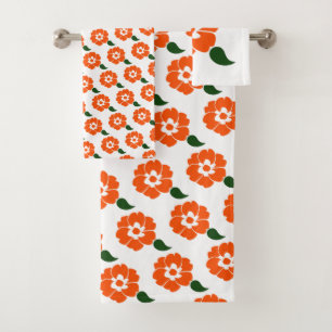 Retro Orange Flowers Bath Towel Set