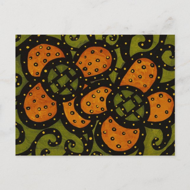 Retro Orange Flowers On Green Art Postcard (Front)