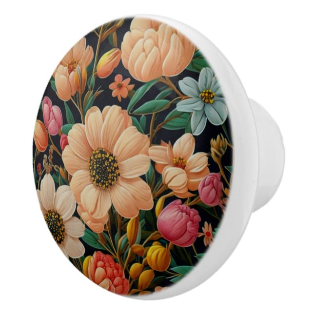 Retro orange flowers teal tulips mums daisy photo ceramic knob (Right)