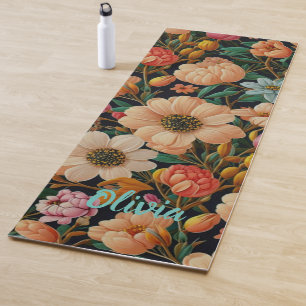 Retro orange flowers teal tulips mums daisy photo yoga mat