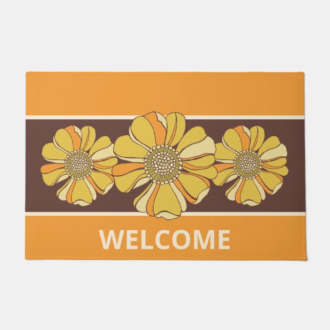 Retro Orange Gold Groovy Floral Doormat (Front)