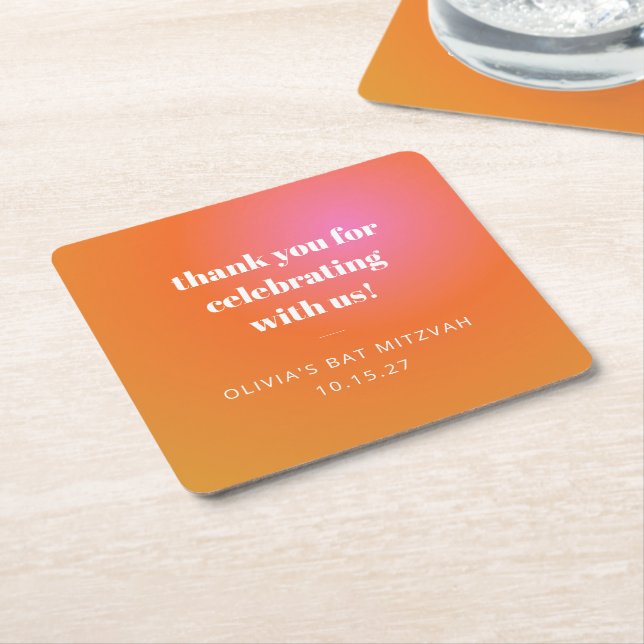 Retro Orange Gradient Bat Mitzvah Custom Thank You Square Paper Coaster (Angled)