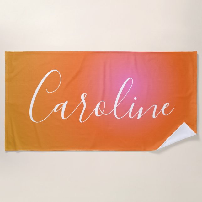 Retro Orange Gradient | Personalised Script Name  Beach Towel (Front)