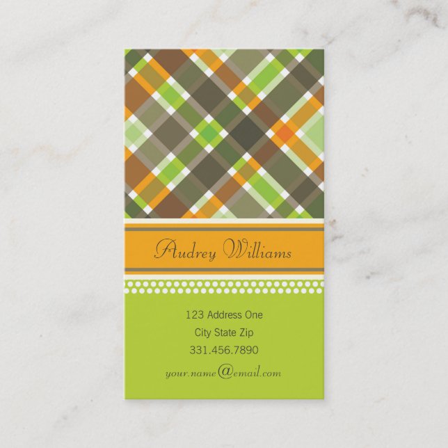Retro Orange Green Chic Plaid Pattern Profile Card (Front)