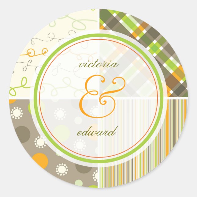 Retro Orange Green Combo Pattern Wedding Sticker (Front)