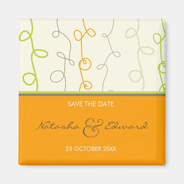 Retro Orange Green Fun Scribbles Save The Date Magnet (Front)