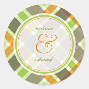Retro Orange Green Plaid Checks Wedding Sticker