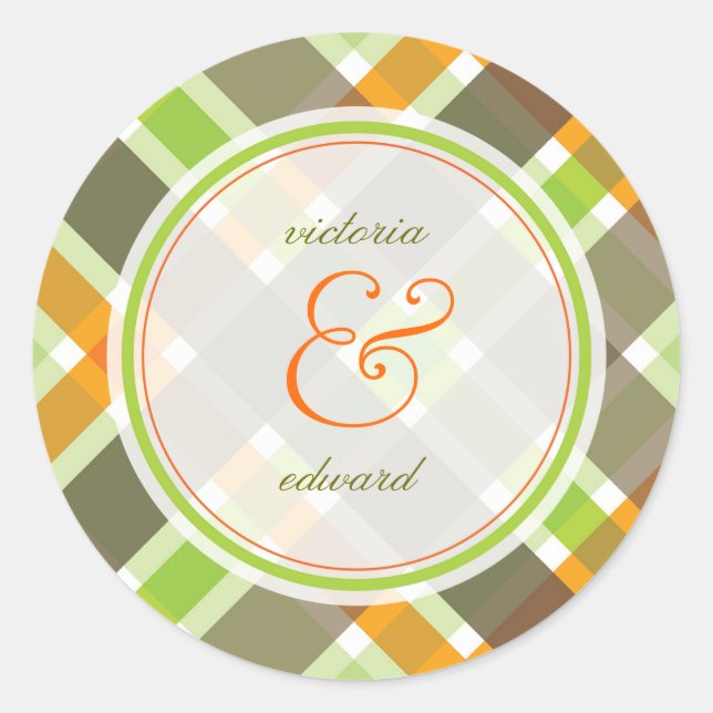 Retro Orange Green Plaid Checks Wedding Sticker (Front)