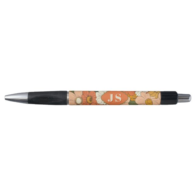 Retro Orange Groove Floral Monogram Pen (Front)