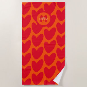 Retro Orange Groovy Red Hearts Name Over Monogram Beach Towel