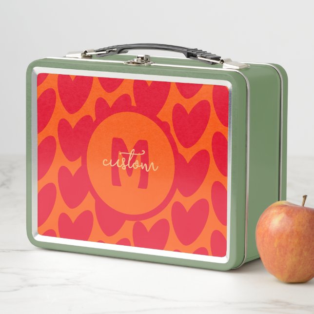 Retro Orange Groovy Red Hearts Name Over Monogram Metal Lunch Box (In Situ)