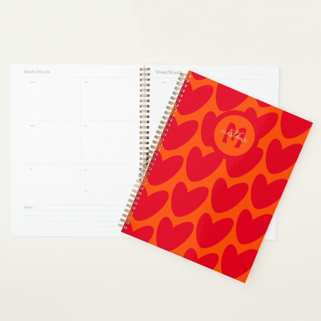 Retro Orange Groovy Red Hearts Name Over Monogram Planner (Display)