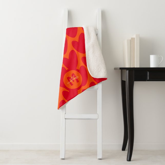 Retro Orange Groovy Red Hearts Name Over Monogram Sherpa Blanket (In Situ)