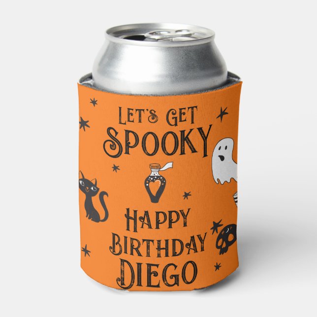 Retro Orange Halloween Birthday "Let's Get spooky" Can Cooler (Can Front)