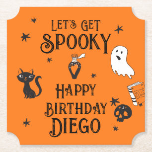 Retro Orange Halloween Birthday "Let's Get spooky" Paper Coaster