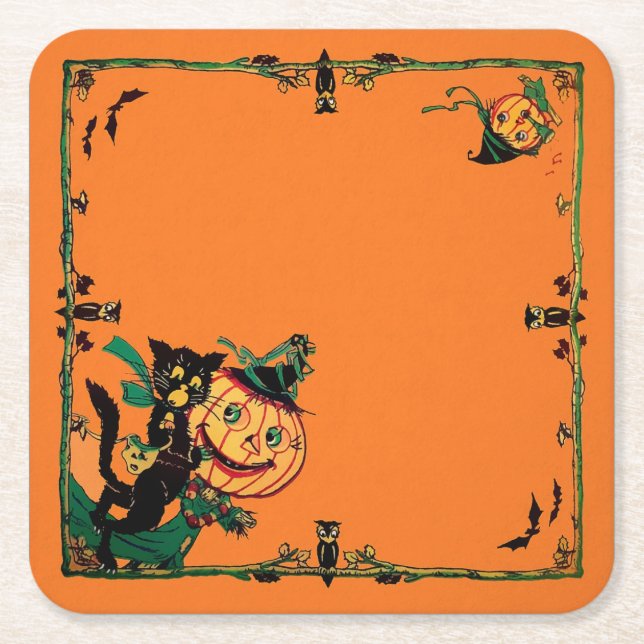 Retro Orange Halloween  Square Paper Coaster (Front)