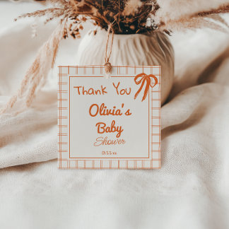 Retro Orange Hand Drawn Gingham Bow Baby Shower Favour Tags