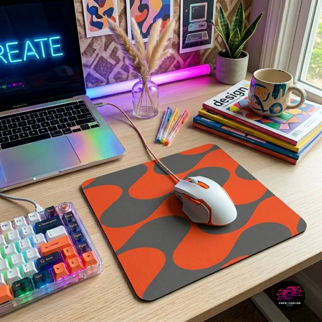 Retro Orange Mod Wave Pattern Mouse Mat (Your desk called. It’s tired of looking boring.)