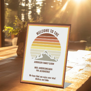 Retro Orange Mountain Sunset Custom Log Cabin Pedestal Sign
