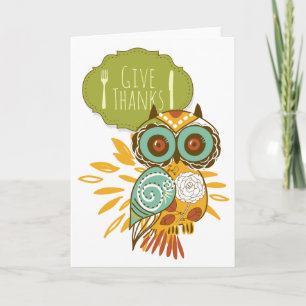 Retro Orange Owl Give Thanks Happy Thanksgiving Holiday Card