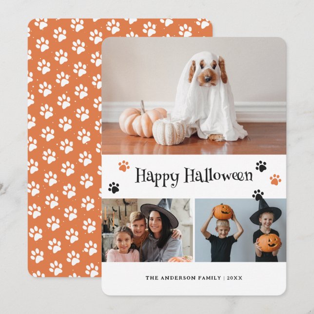 Retro Orange Paw Print Pet Photo Halloween Card (Front/Back)