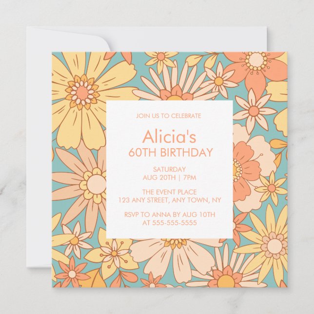 Retro Orange Peach Botanical Green 60th Birthday Invitation (Front)