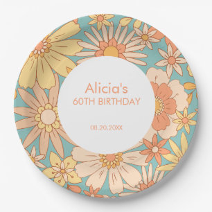 Retro Orange Peach Botanical Green 60th Birthday Paper Plate